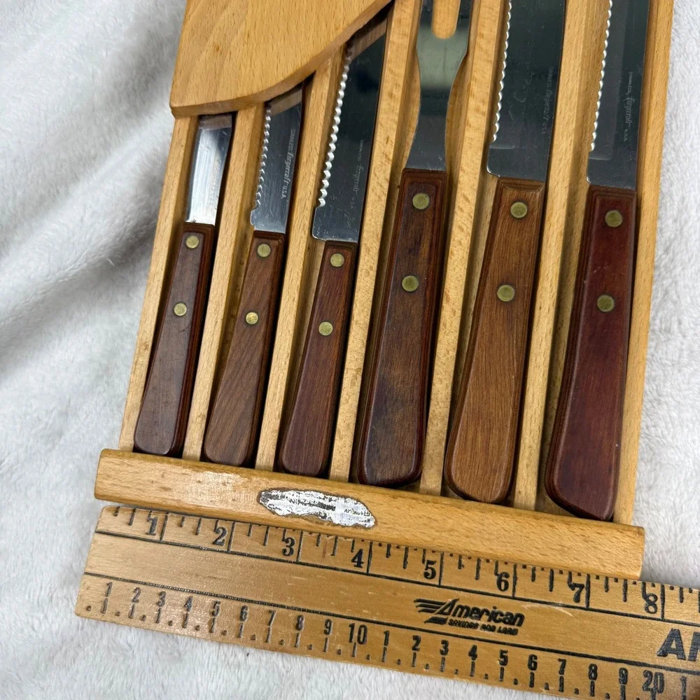 Forgecraft USA Vintage 6 Piece Cutlery Set Stainless Wood Handles Austria Block